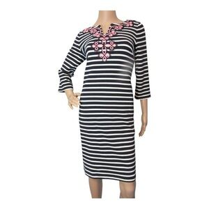 TALBOTS Size M Navy & White Striped ¾ Sleeve Knit Sheath‎ Dress
